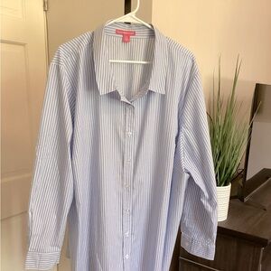Boyfriend cut long shirt by Woman Within, size 3X (30/32) blue/white pinstripe.